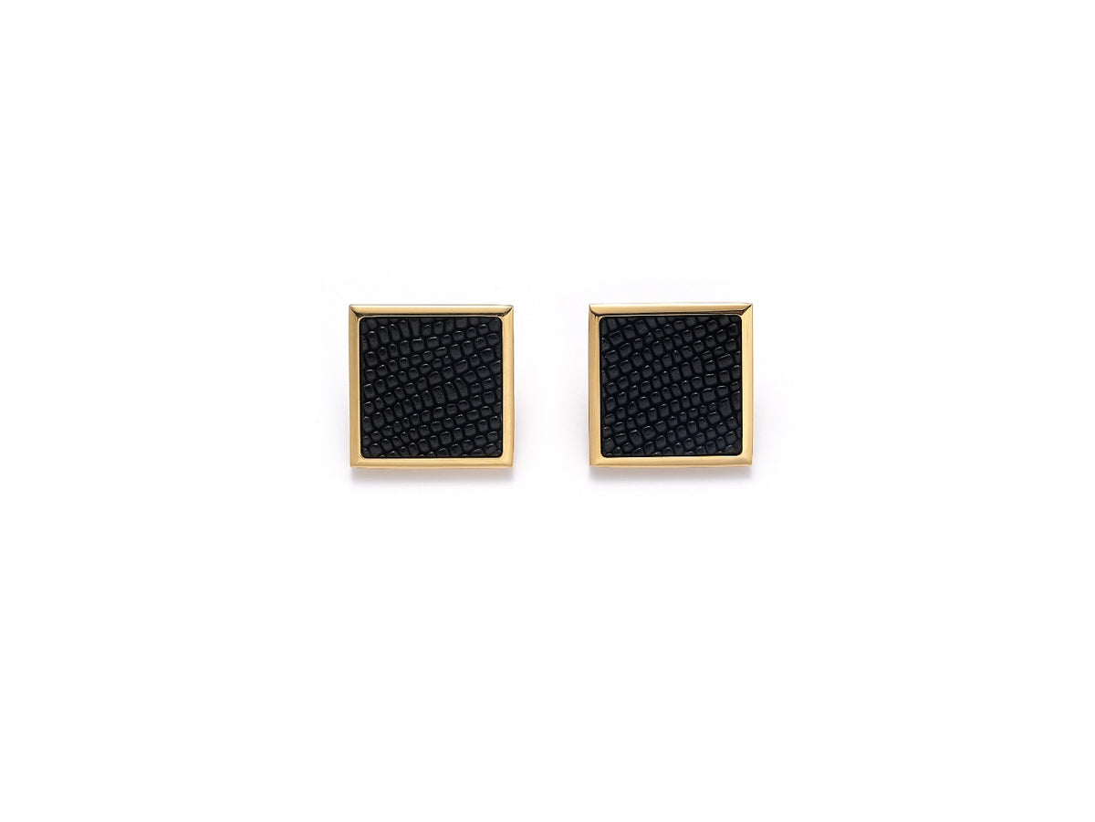 Close-up of Vesper Earrings featuring black lizard-embossed genuine cow leather