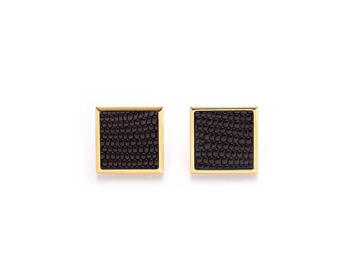 DOTTHZ Vesper gold statement earrings with textured dark brown leather